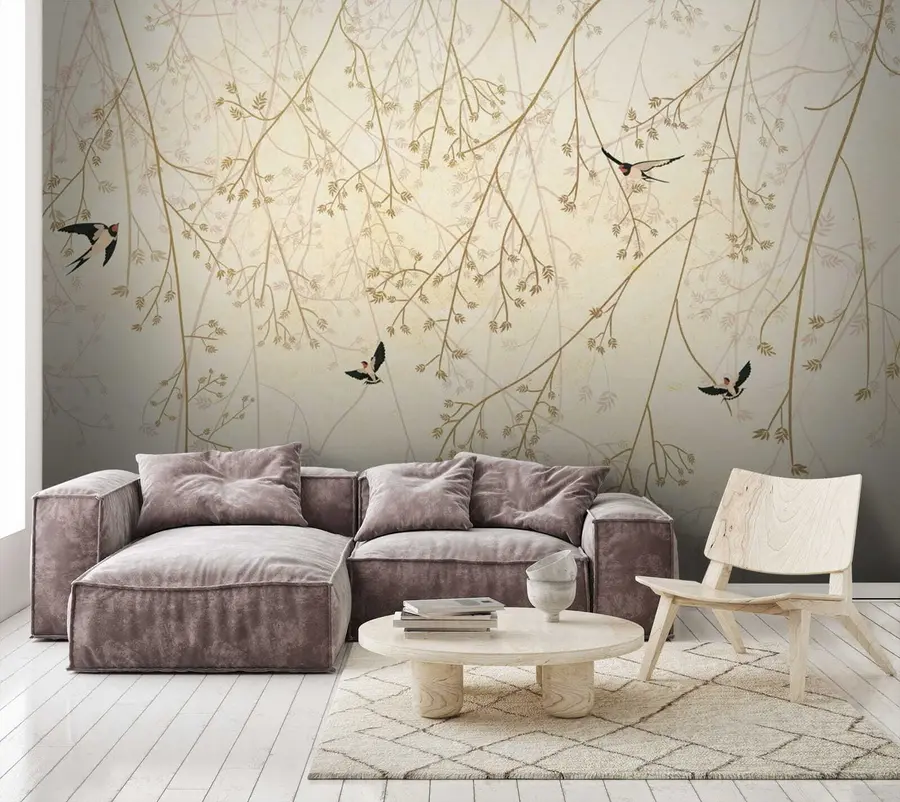 murales de pared Golondrinas entre las ramas en delicados tonos de estilo oriental u79623