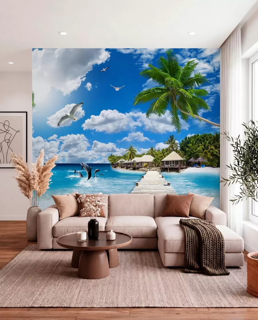 murales de pared Palmeras junto al agua azul u06969