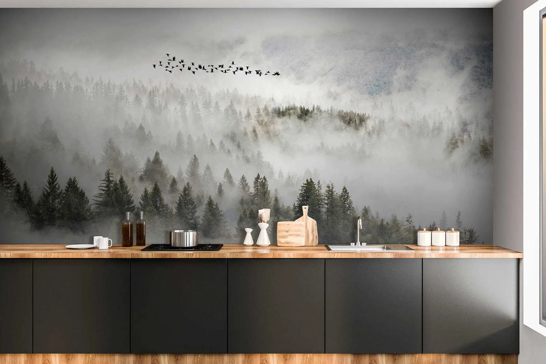 murales de pared Bosque de niebla y pájaros u13823