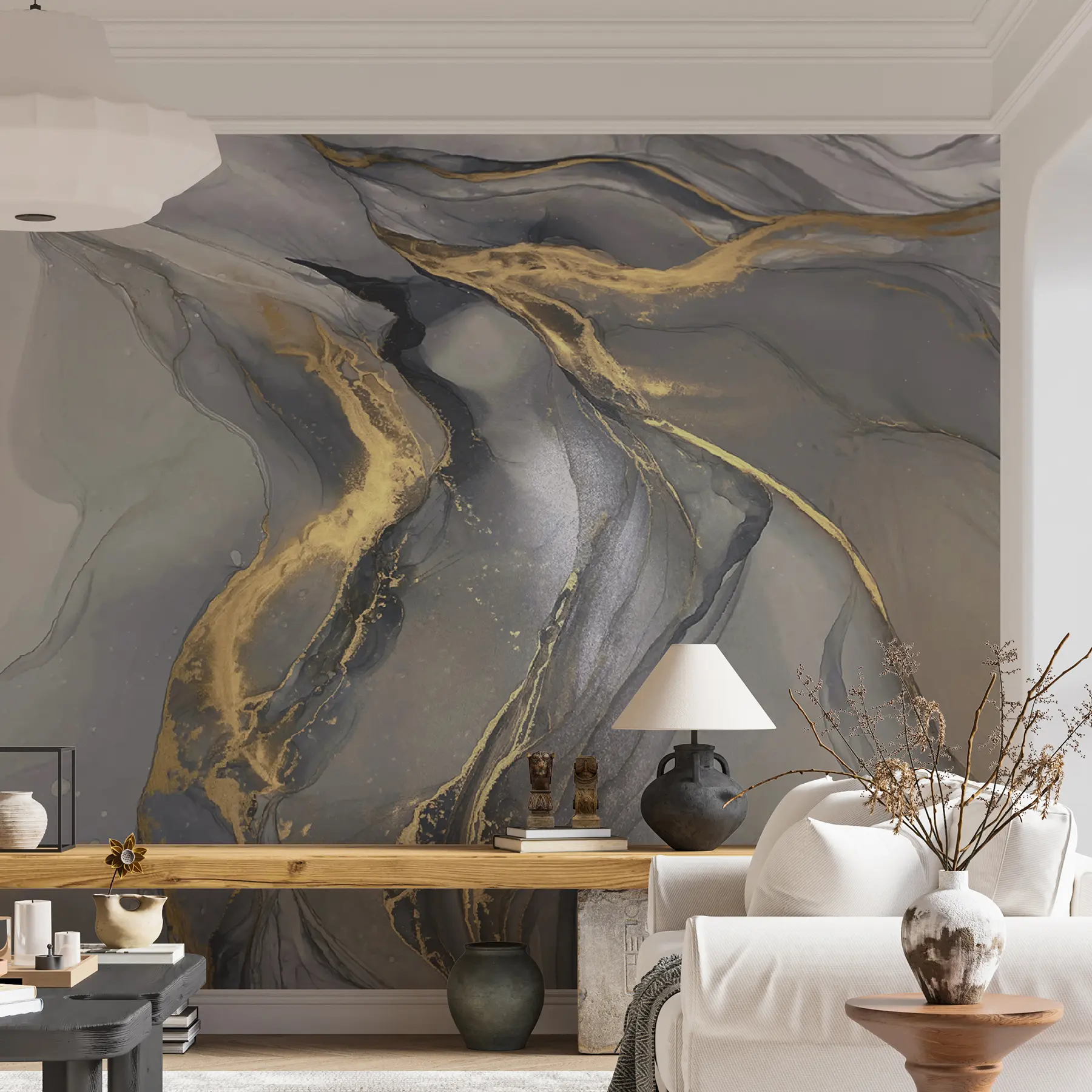 murales de pared Mármol gris-amarillo, arte fluido u18250