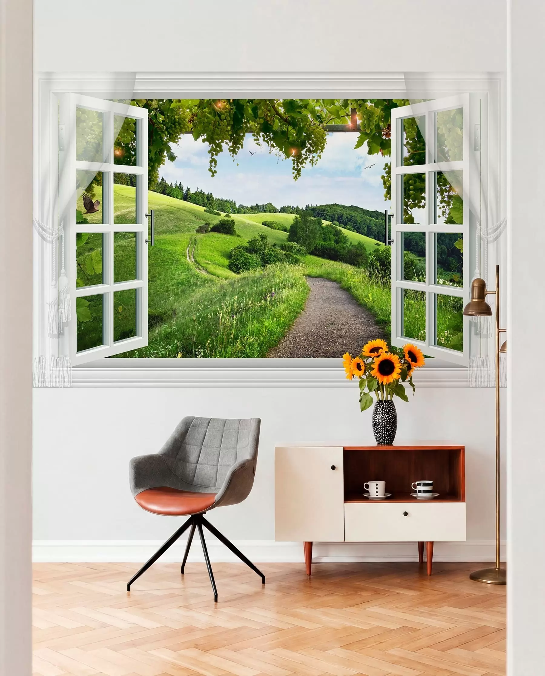 murales de pared Ventana a las colinas verdes u28196