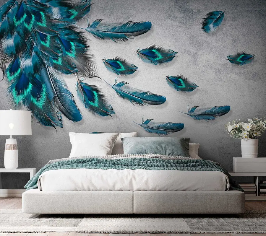 murales de pared Plumas de pavo real en el fondo de la pared de hormigón u29836