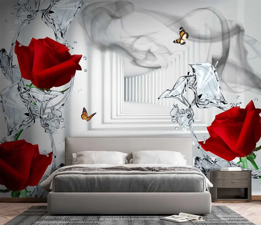 murales de pared Rosas rojas y salpicaduras de agua u41092