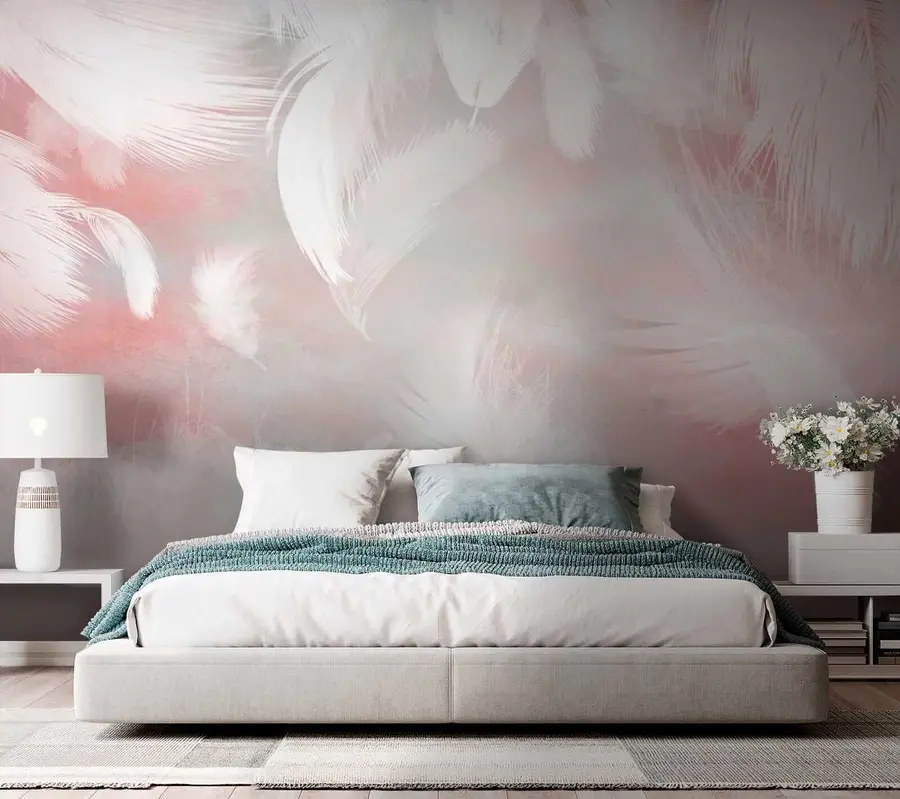 murales de pared Plumas blancas sobre fondo rosa u41755