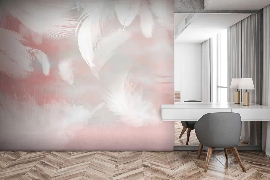 murales de pared Plumas blancas sobre fondo rosa u41755