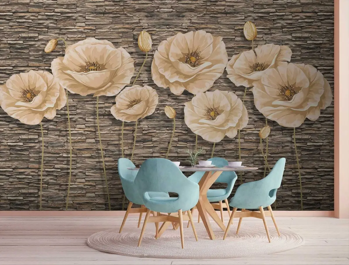 murales de pared Flores en el fondo de un muro de piedra u41855