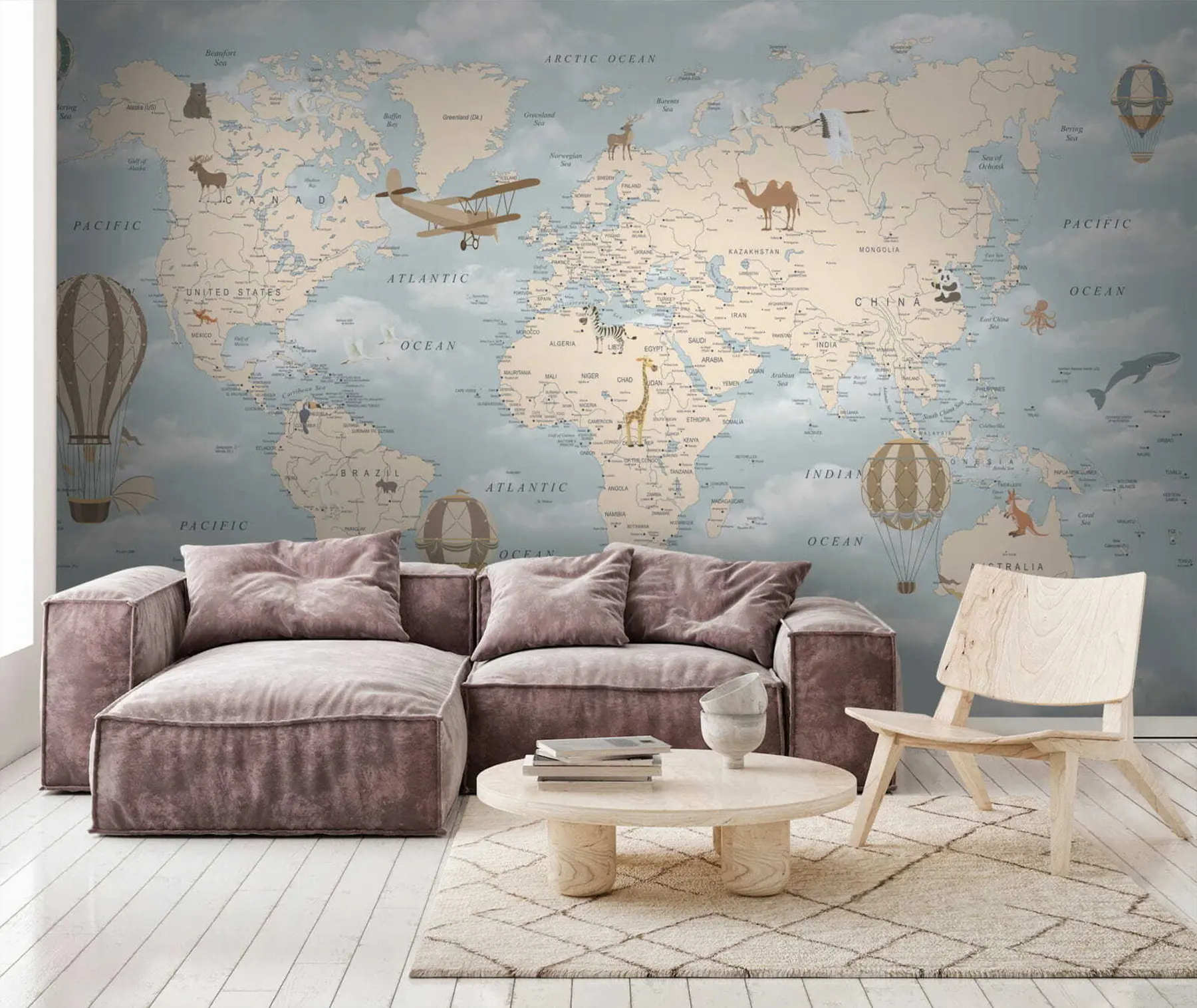 murales de pared Mapa infantil del mundo con aviones. u60135