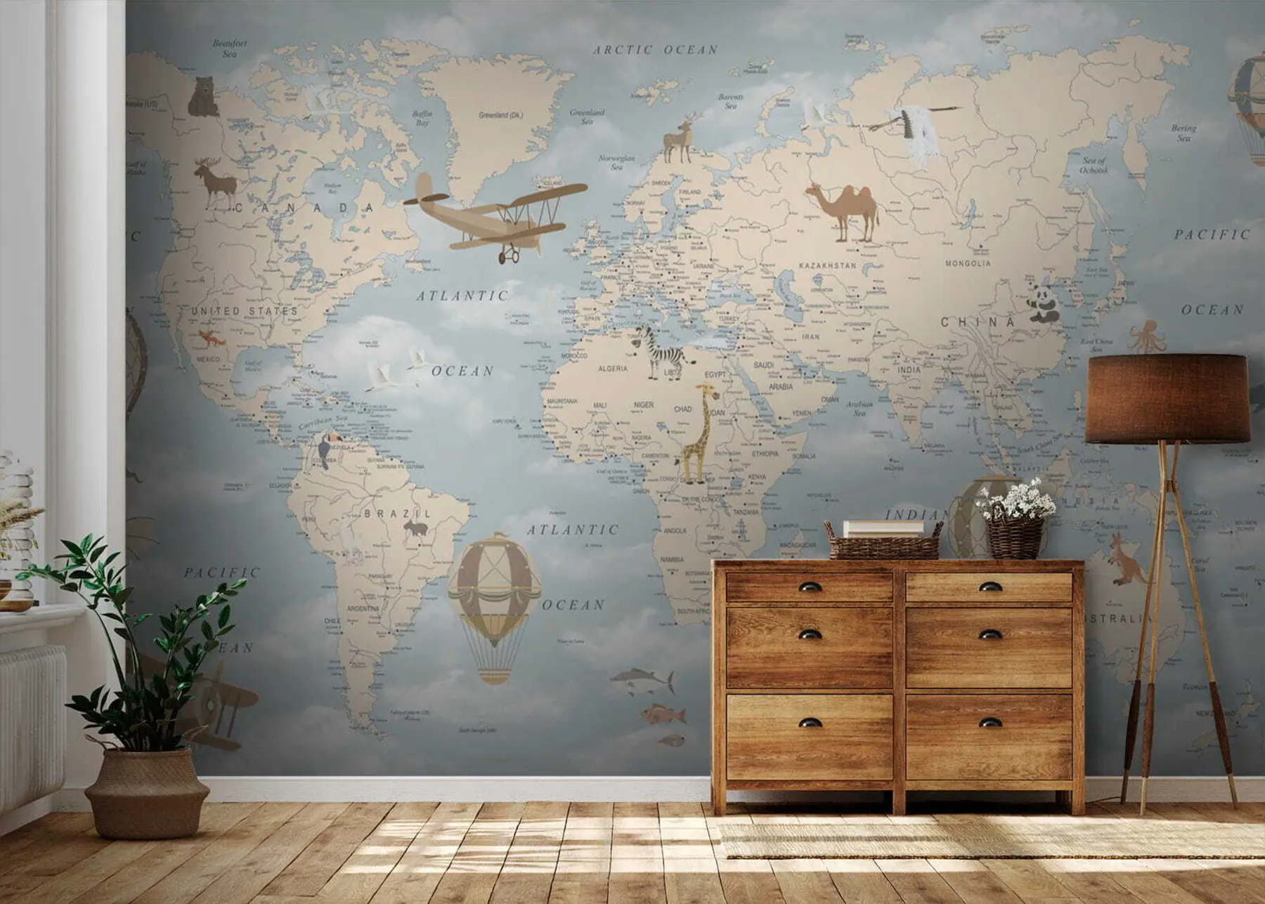 murales de pared Mapa infantil del mundo con aviones. u60135