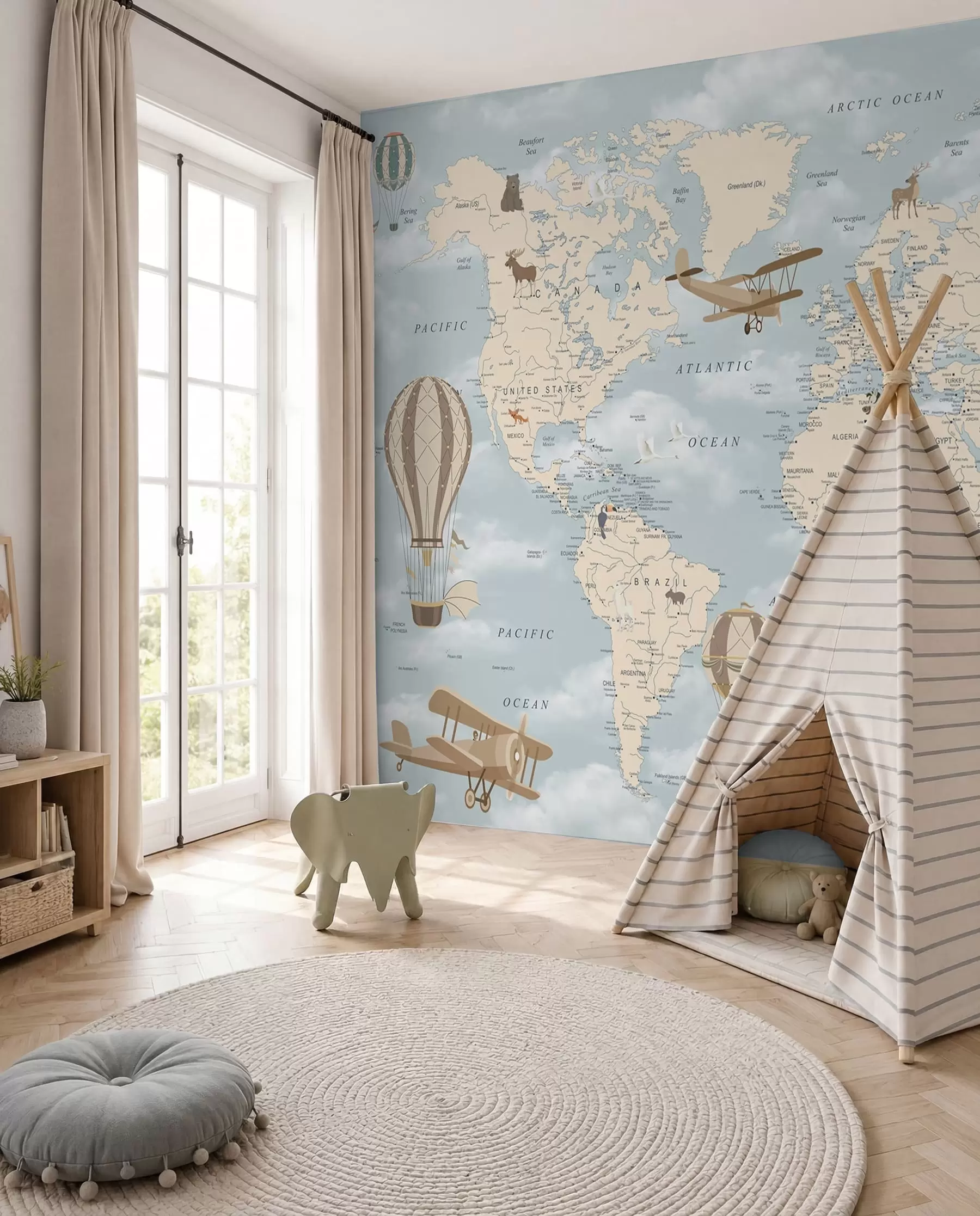 murales de pared Mapa infantil del mundo con aviones u60135