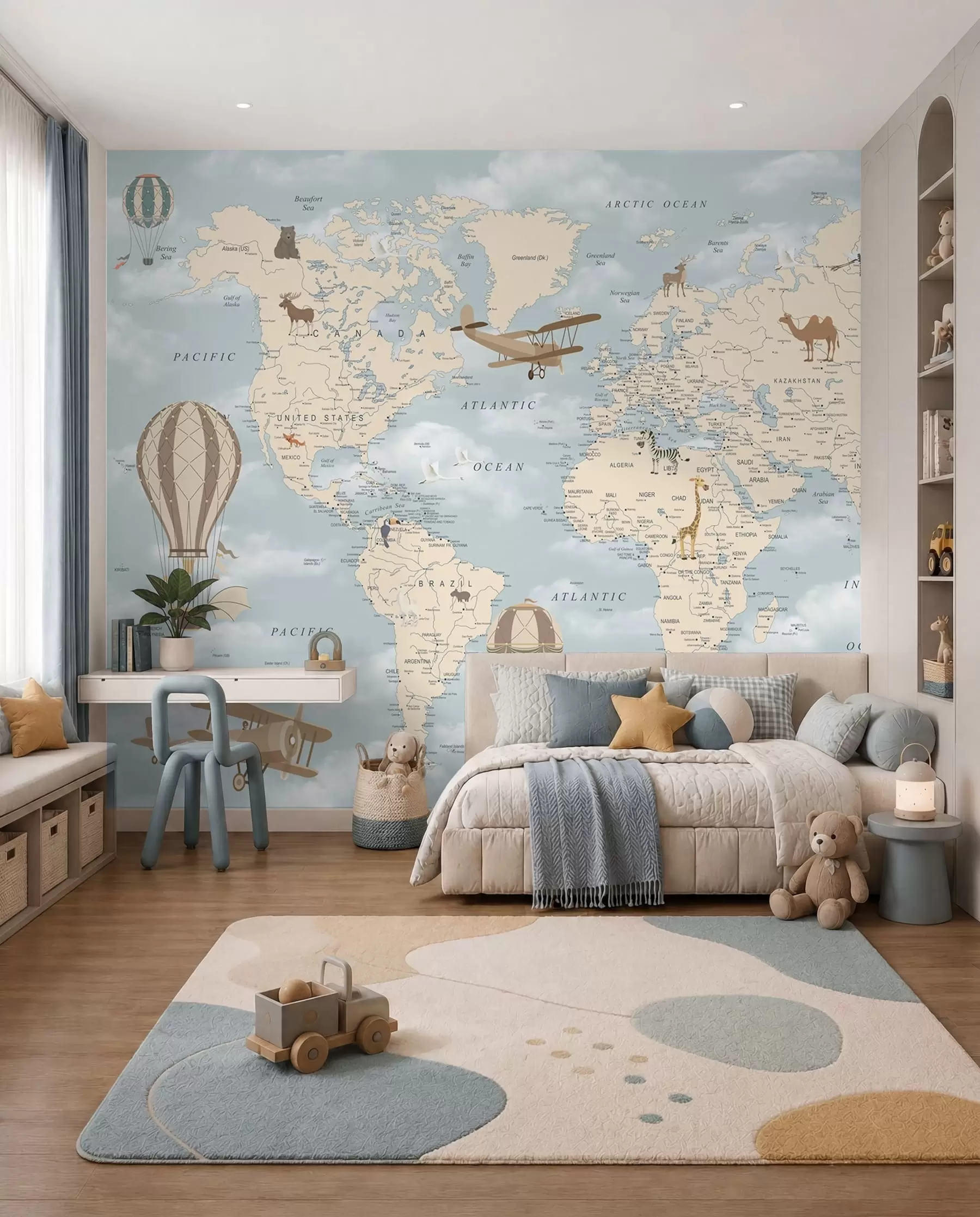 murales de pared Mapa infantil del mundo con aviones u60135