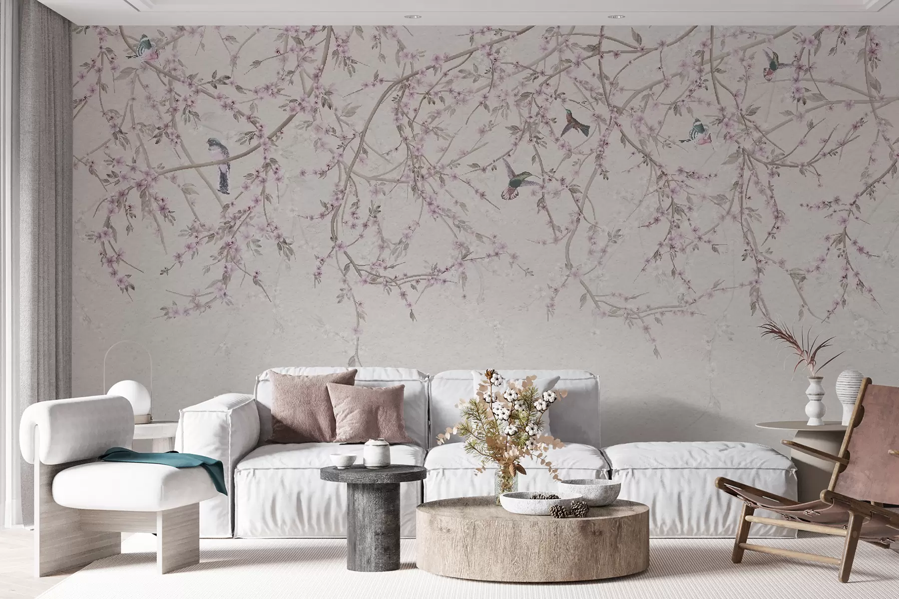 murales de pared Ramas florales y pájaros en colores lechosos. u58941v2