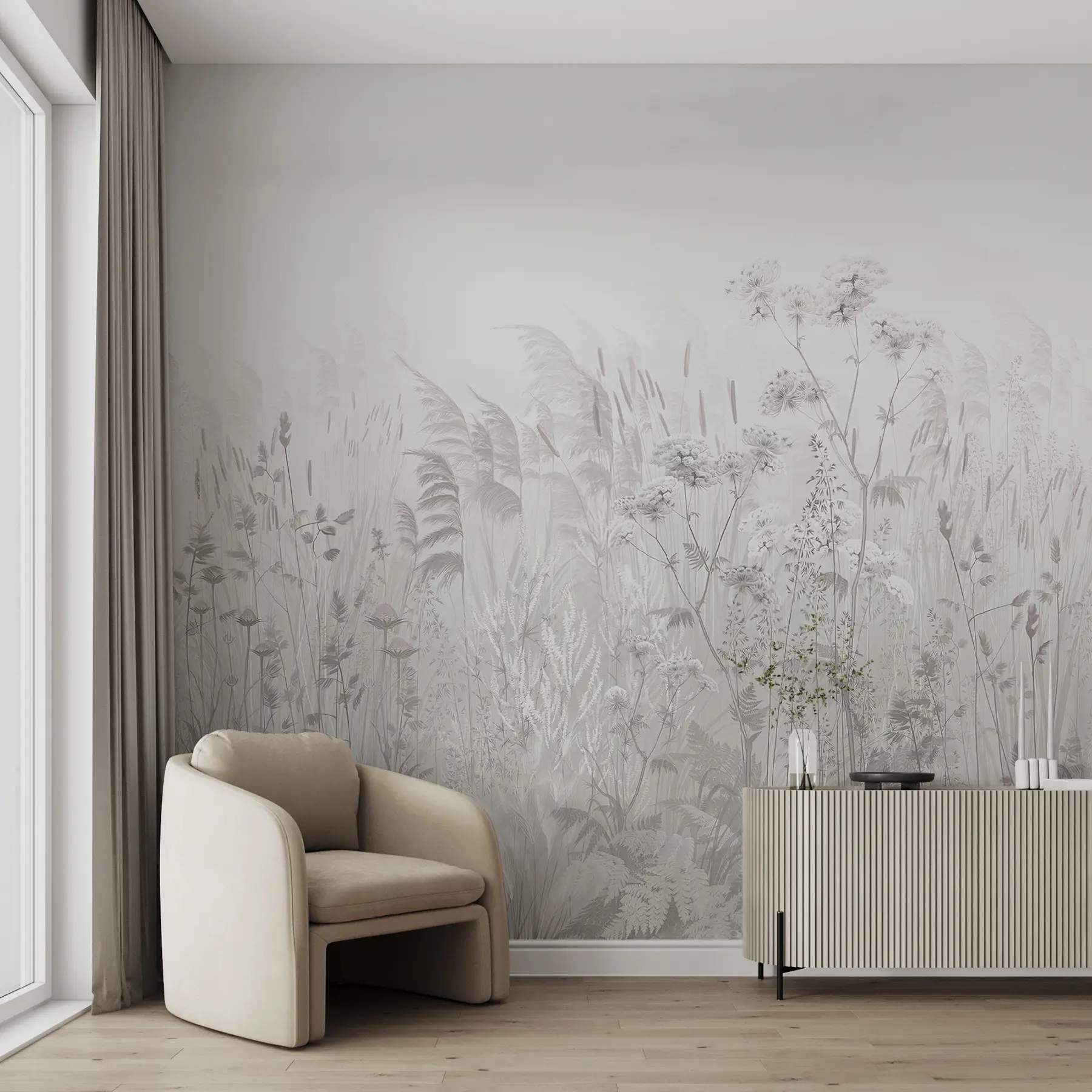 murales de pared Flores silvestres de color beige grisáceo u00104v2