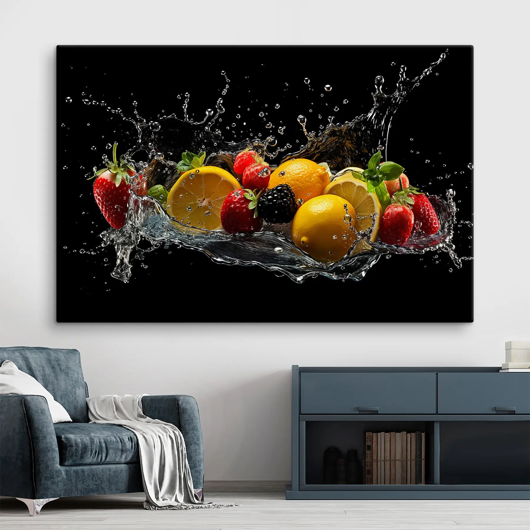 murales de pared Frutas frescas salpicando en agua s37044