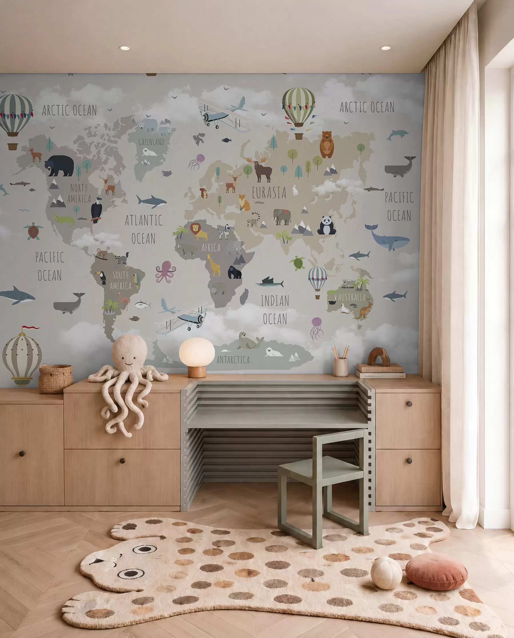 murales de pared Mapamundi con animales y globos u96461d1