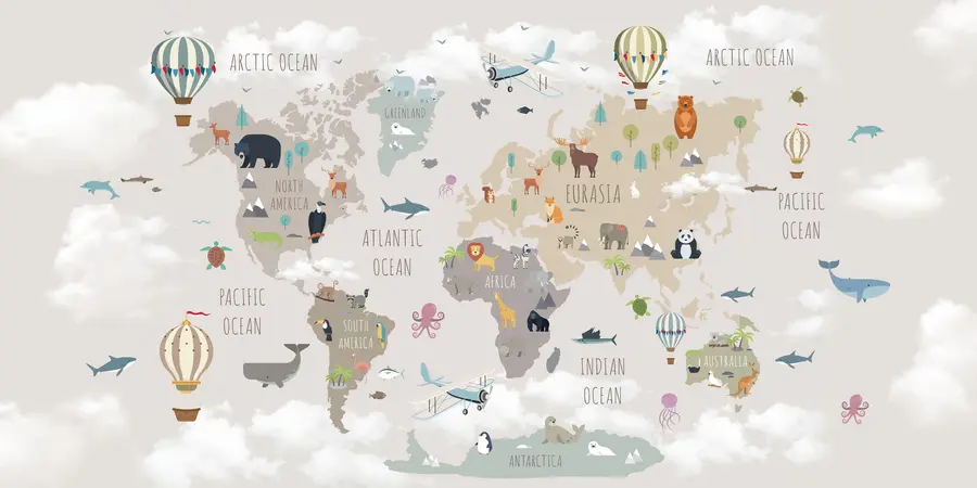 murales de pared Mapamundi con animales y globos u96461d2