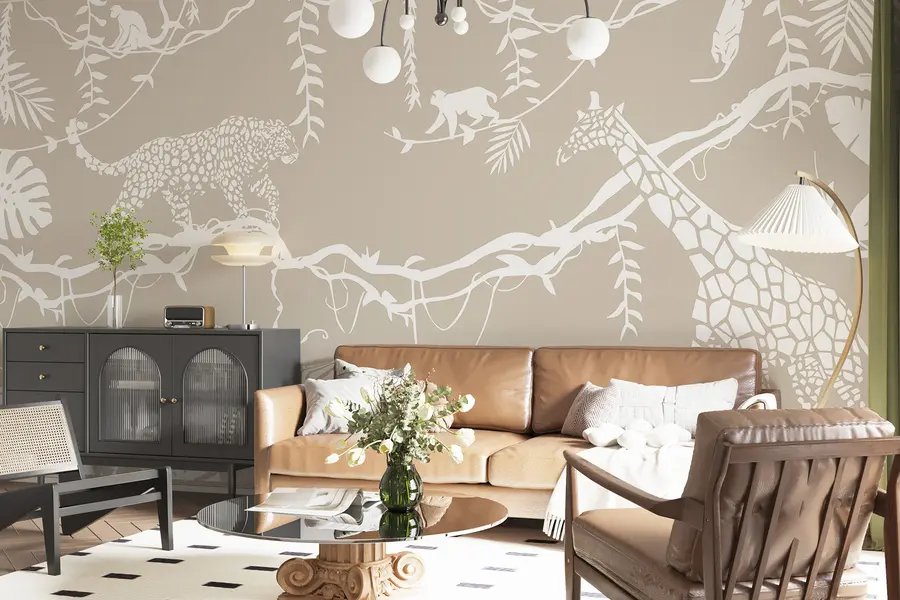 murales de pared Arte abstracto de la selva, lianas, leopardo, jirafa, monos, palmeras, monstera, beige y blanco w00087
