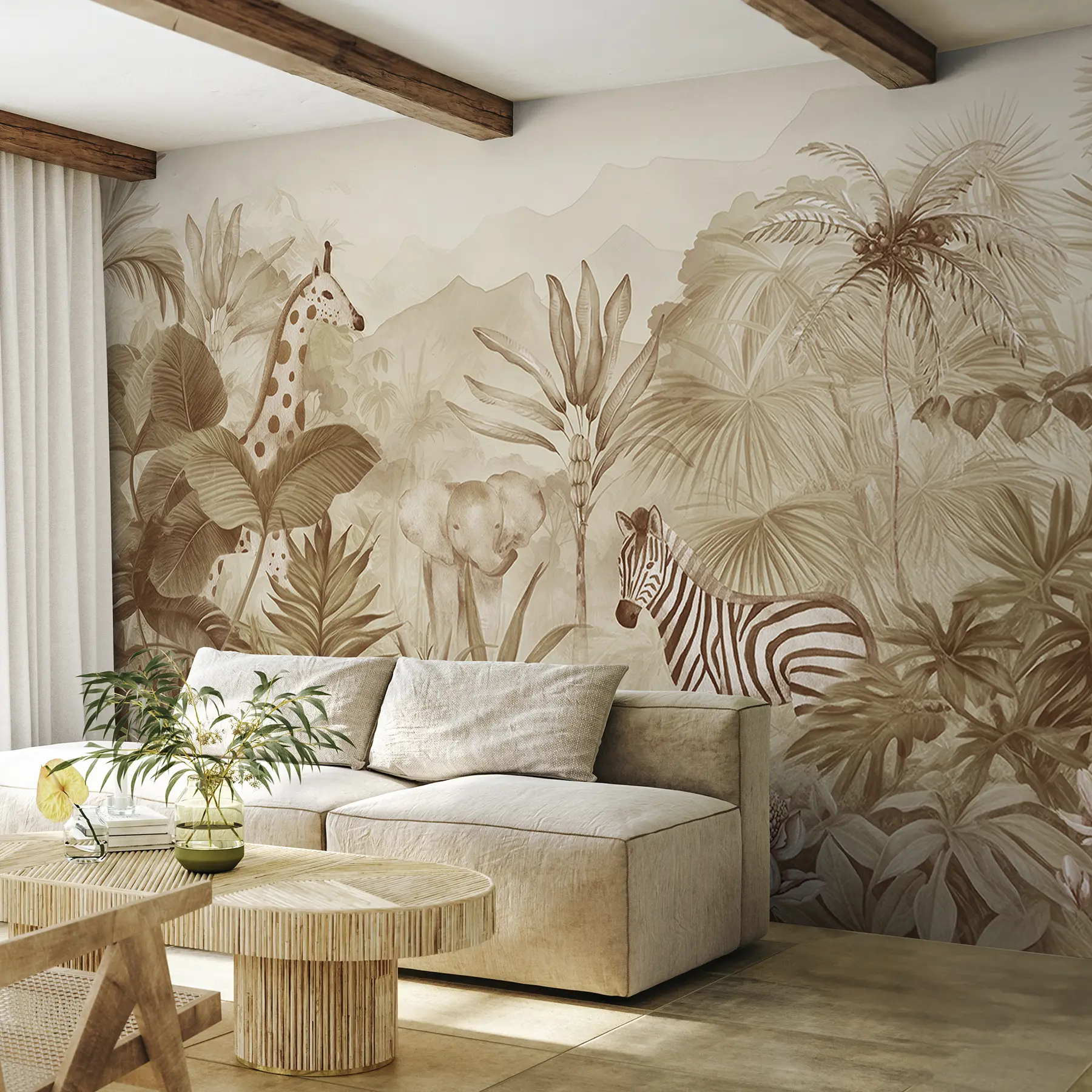 murales de pared Selva, palmeras, jirafa, elefante, cebra, acuarela, color beige, platanero, flores w00089v1