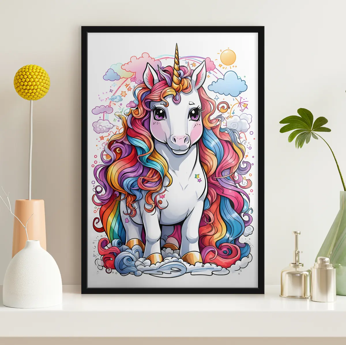 Poster Un unicornio colorido entre nubes de ensueño f37766
