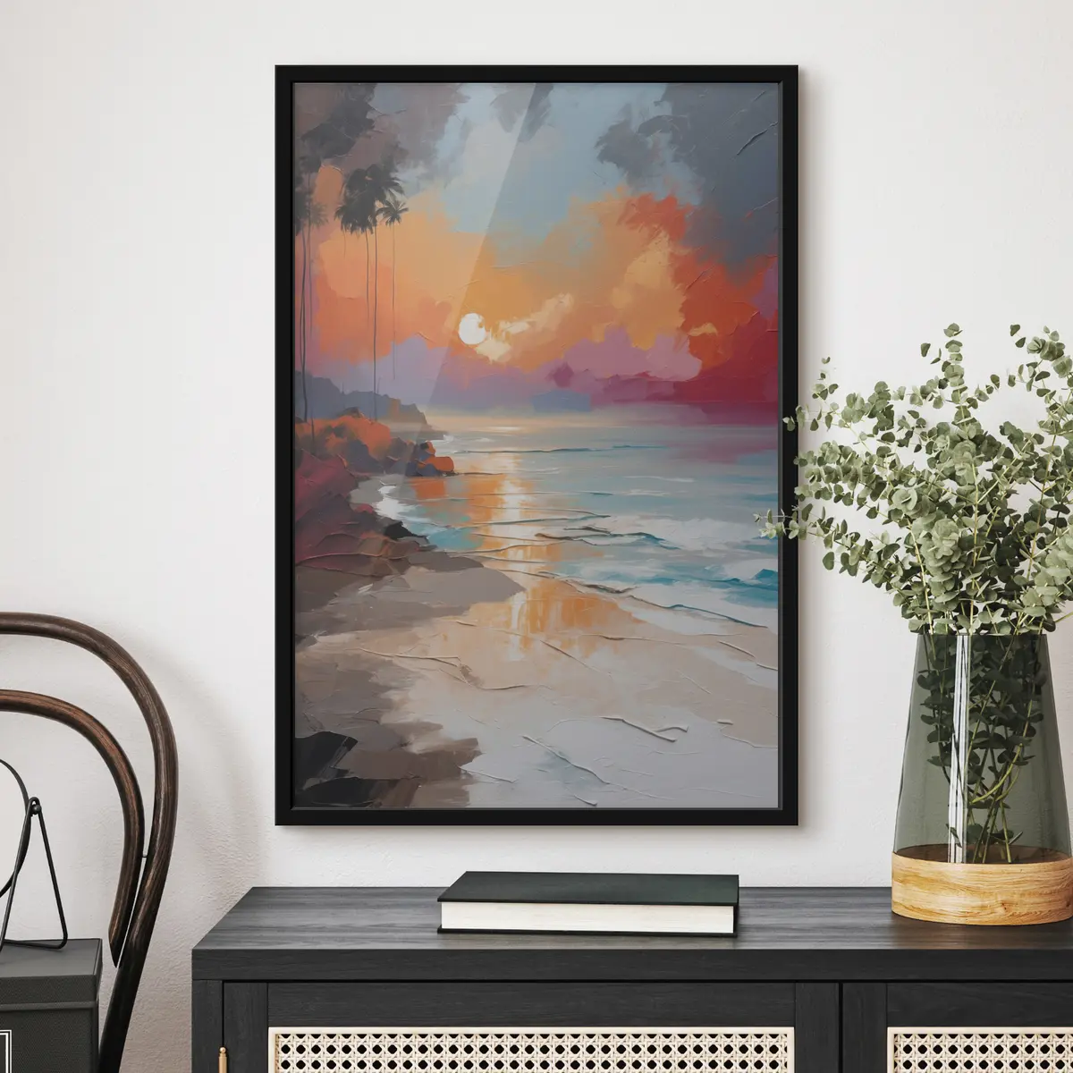 Poster Puesta de sol vibrante sobre una playa serena f37800