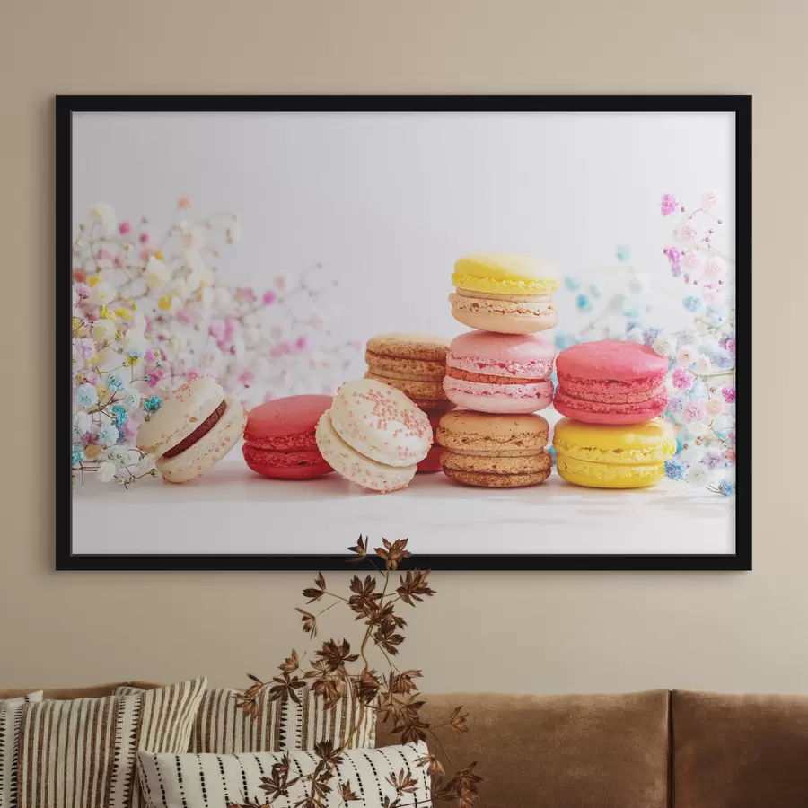 murales de pared Macarons de colores entre delicadas flores f37757