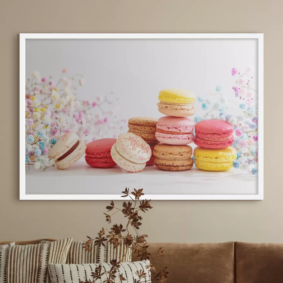 murales de pared Macarons de colores entre delicadas flores f37757