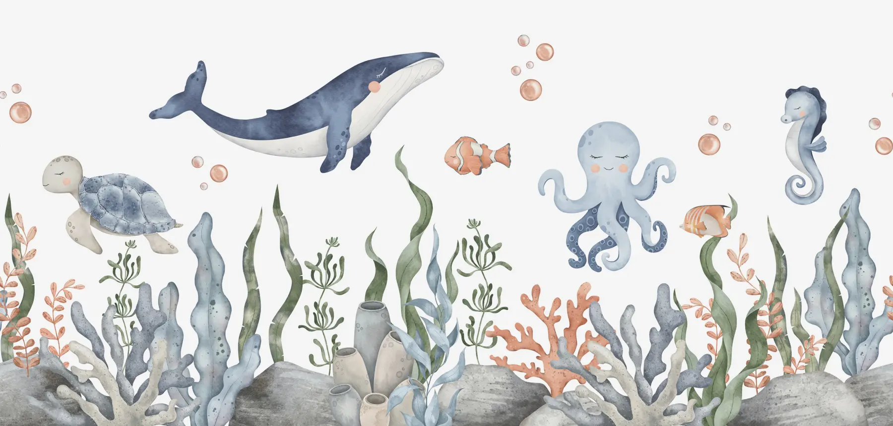 murales de pared Mundo submarino con ballenas, pulpos y tortugas w00383