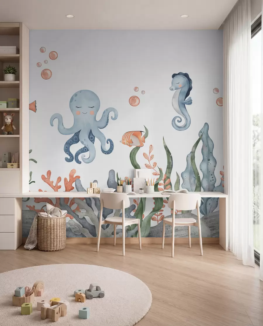 murales de pared Mundo submarino con ballenas, pulpos y tortugas w00383