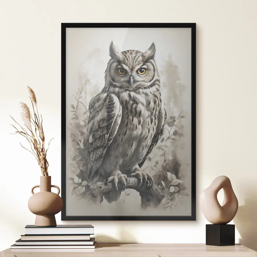 murales de pared Búho sobre fondo blanco y negro f38118