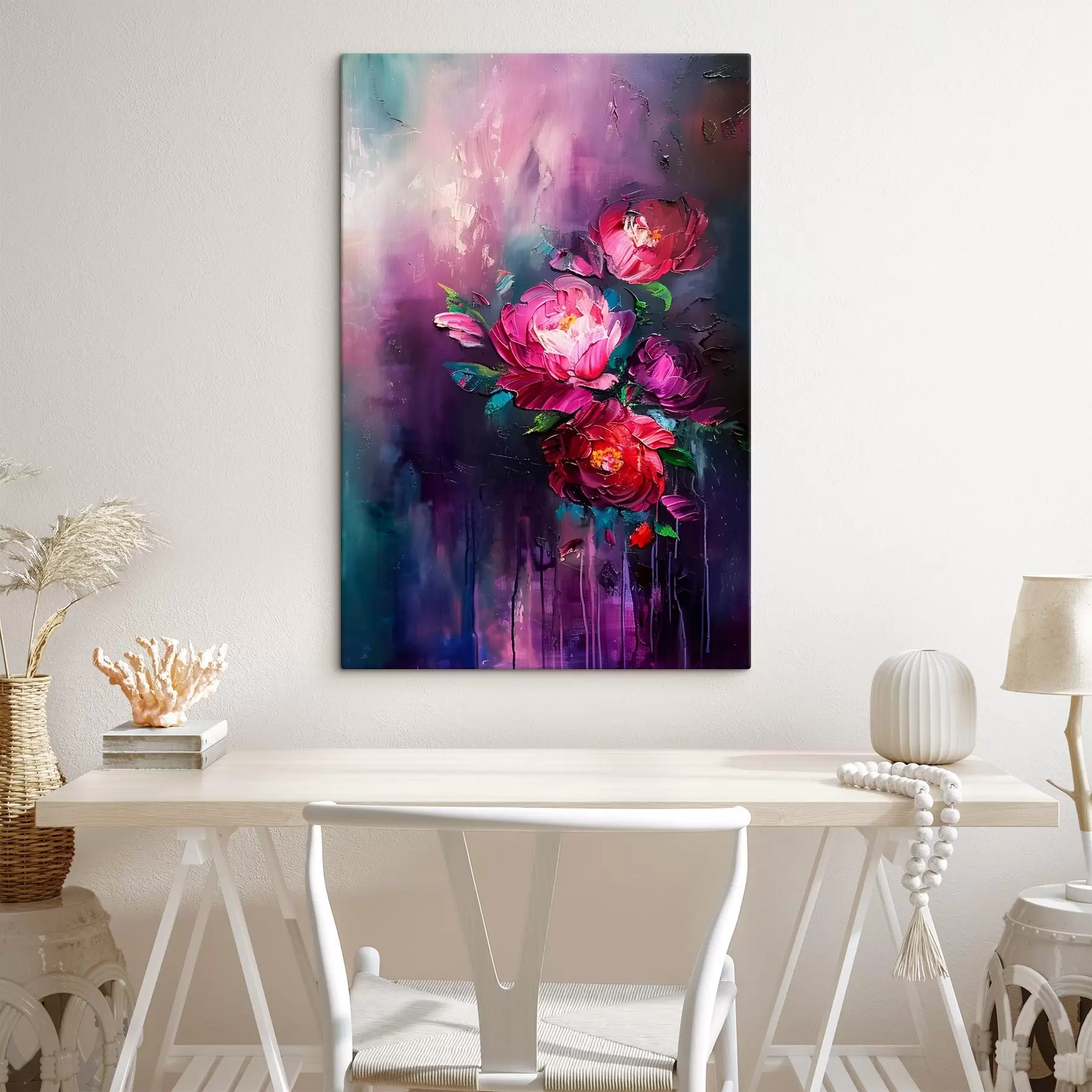 murales de pared Pintar rosas, flores en flor al estilo de pintura al óleo, sobre un fondo morado oscuro  s38108