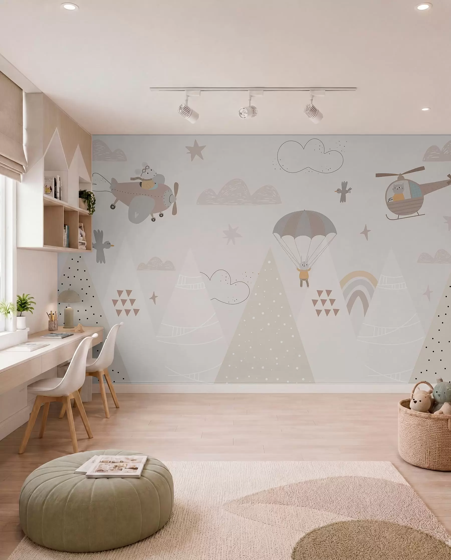 murales de pared Montañas beige con helicóptero, avión y animales w00414