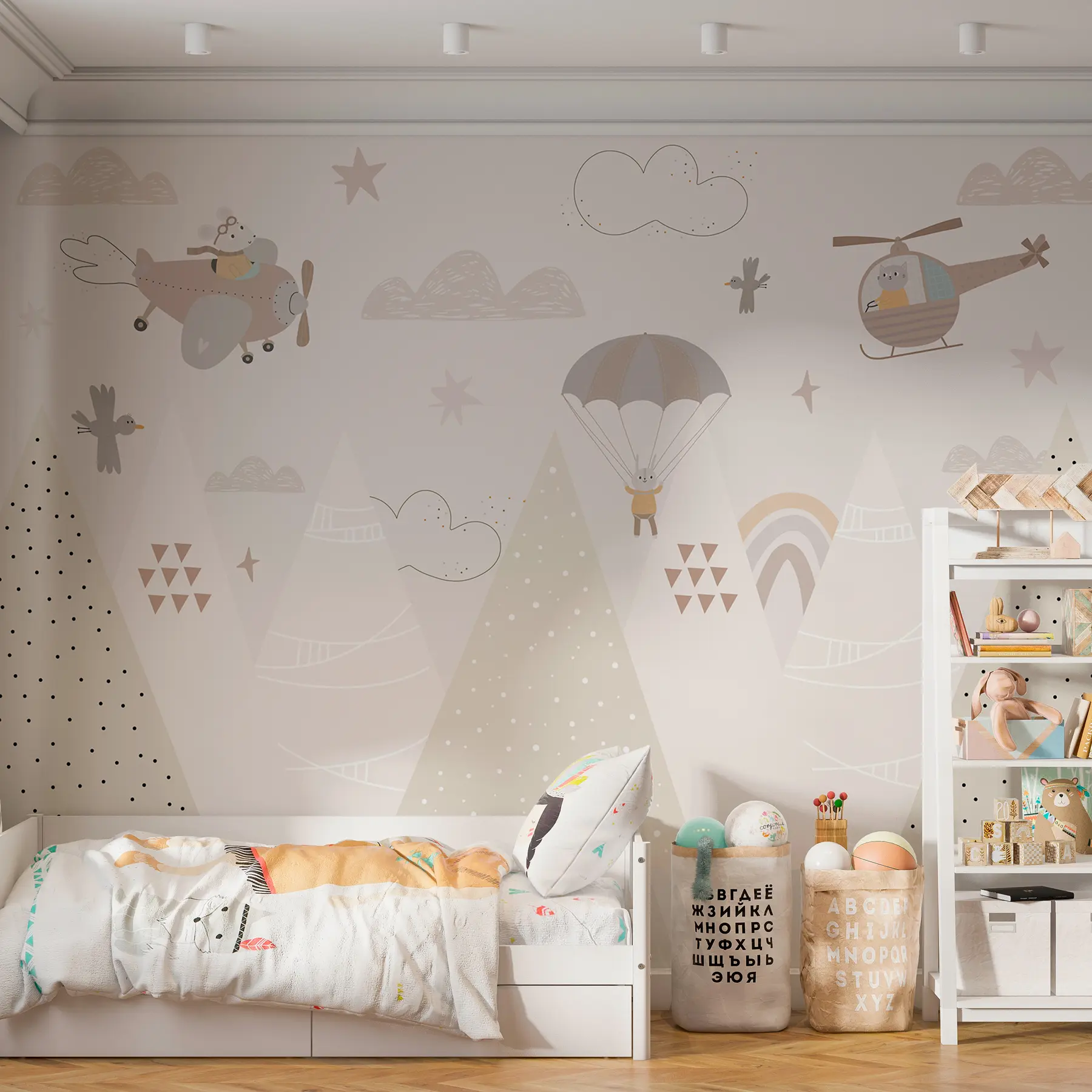 murales de pared Montañas beige con helicóptero, avión y animales w00414