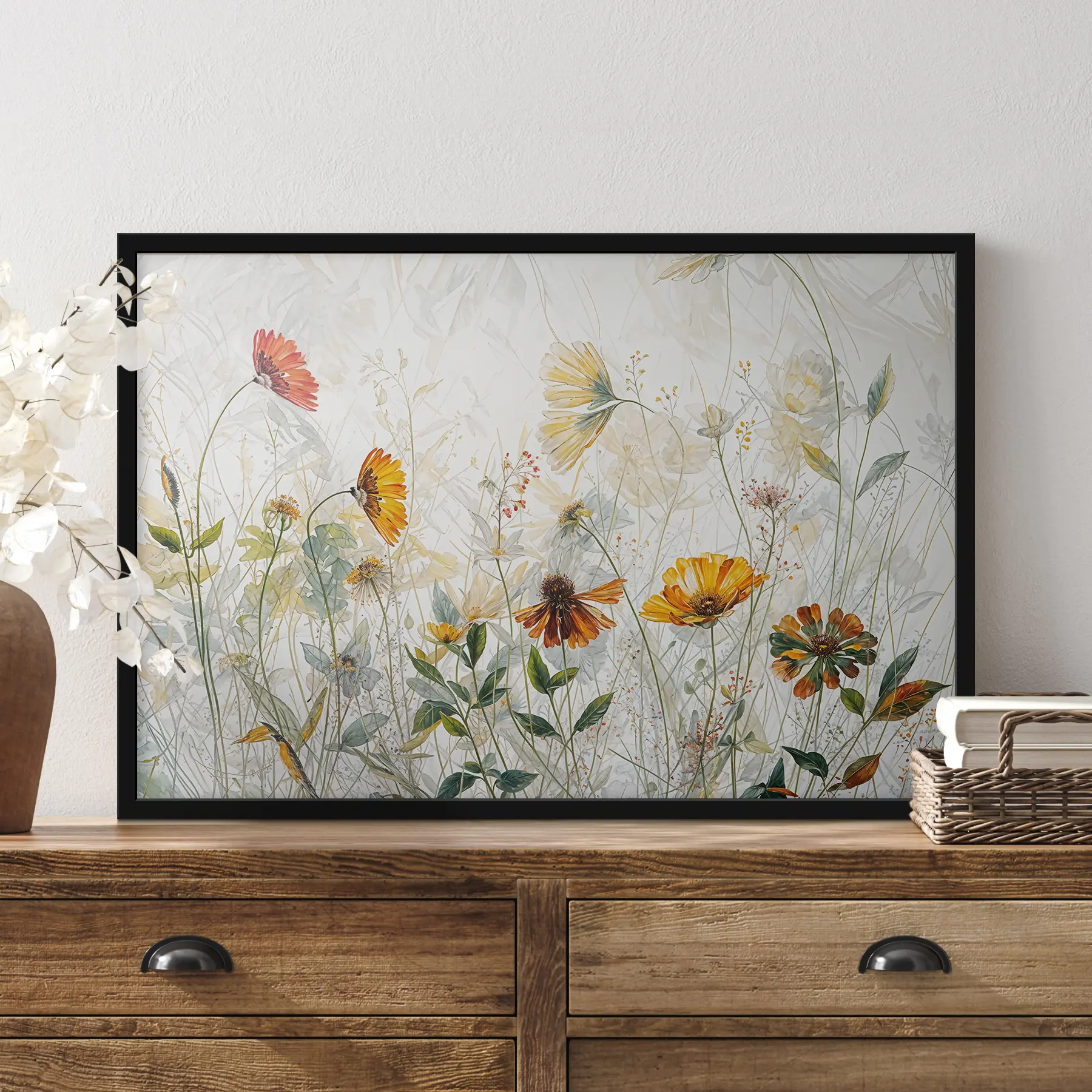 murales de pared Campo de delicadas flores sobre fondo blanco pintura al óleo f38197