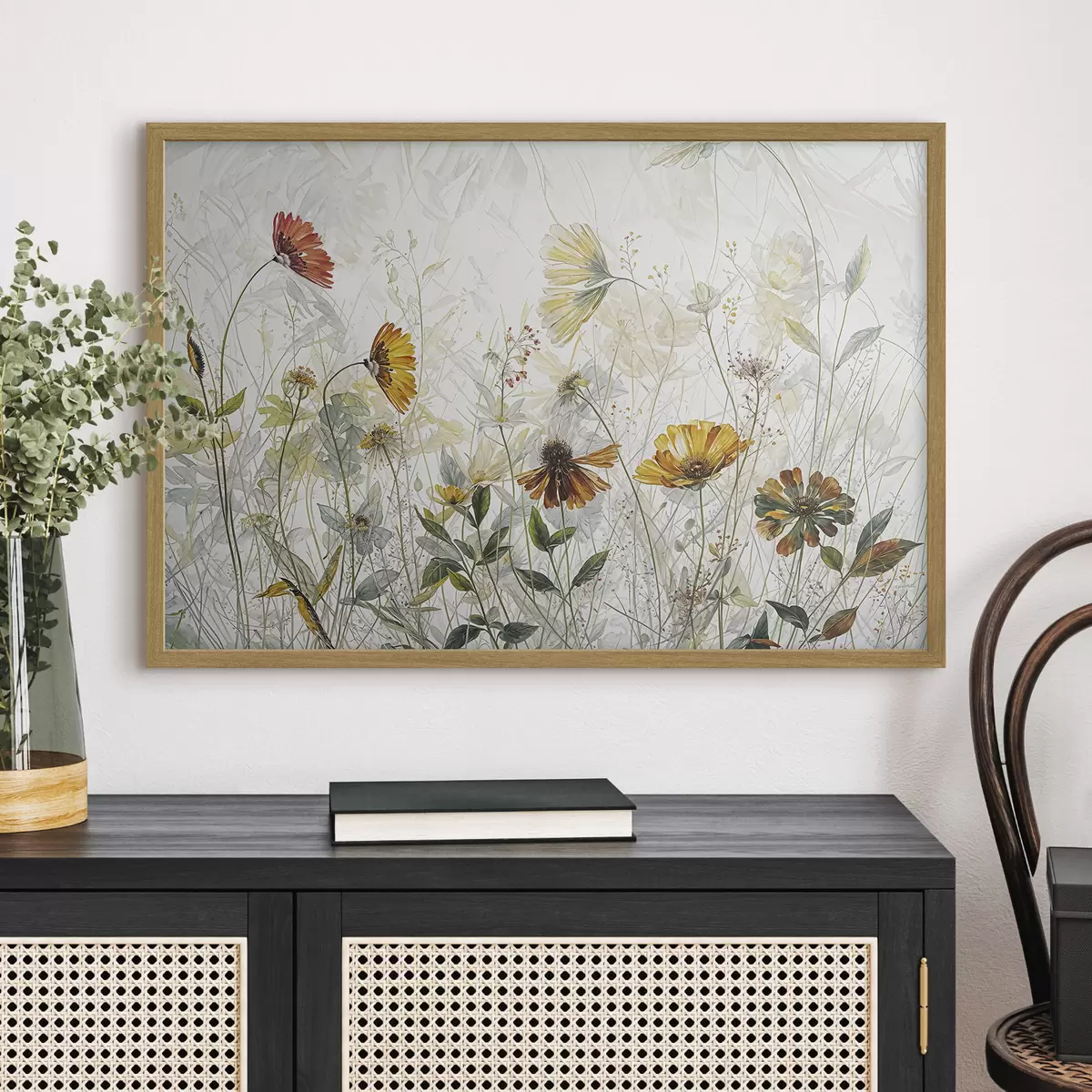 Poster Campo de delicadas flores sobre fondo blanco pintura al óleo f38197