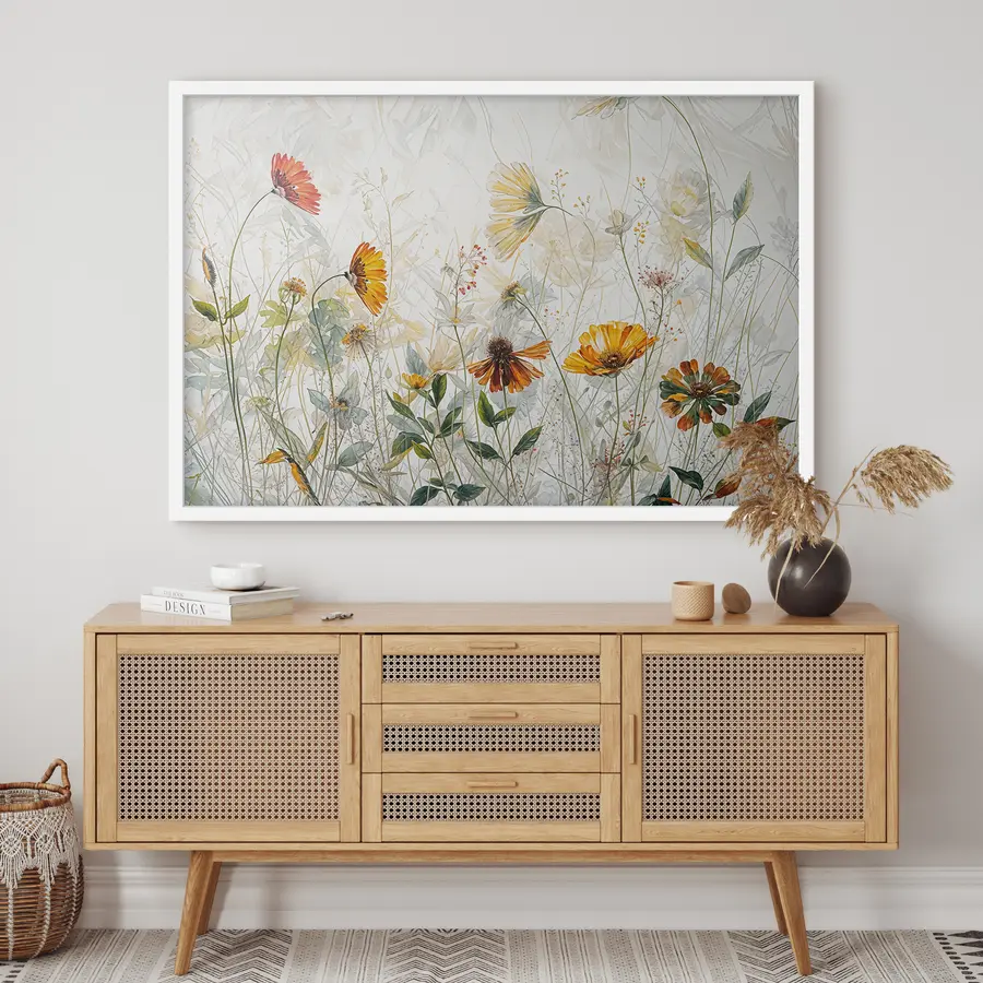 murales de pared Campo de delicadas flores sobre fondo blanco pintura al óleo f38197