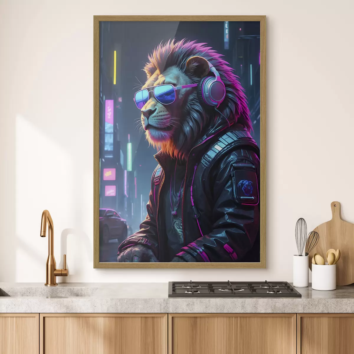 Poster Elegante león en una ciudad vibrante f38169