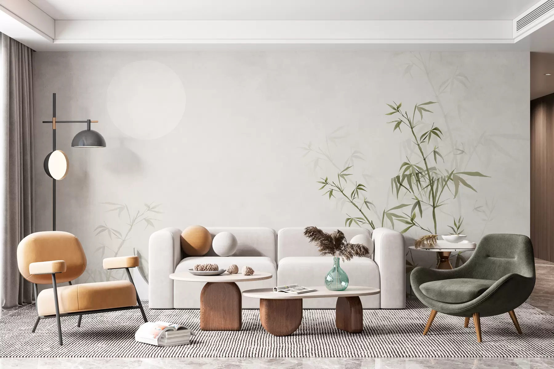 murales de pared Minimalismo estilo Japandi planta de bambú y sol Chinoiserie color verde w00547