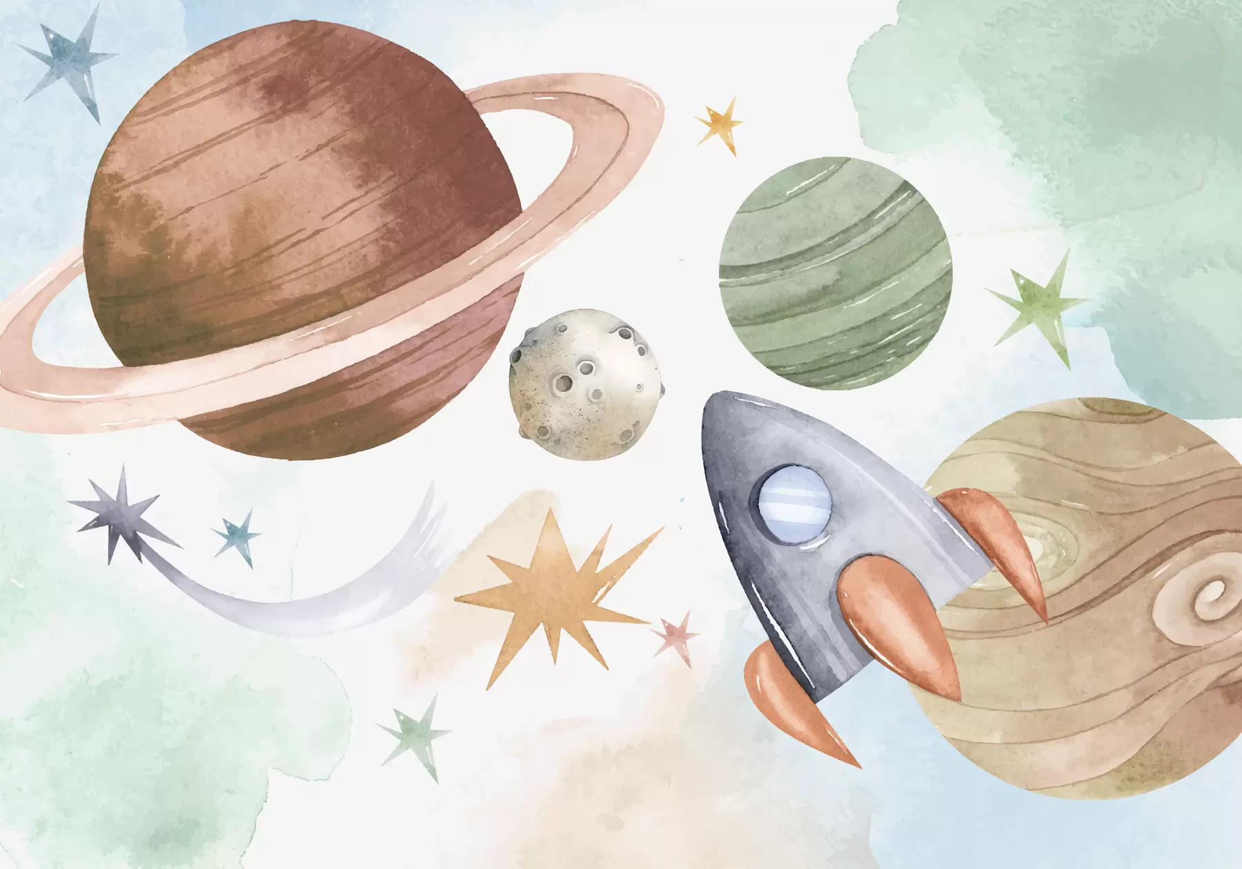 murales de pared Una colorida ilustración que representa varios planetas y acuarela espacial w00539