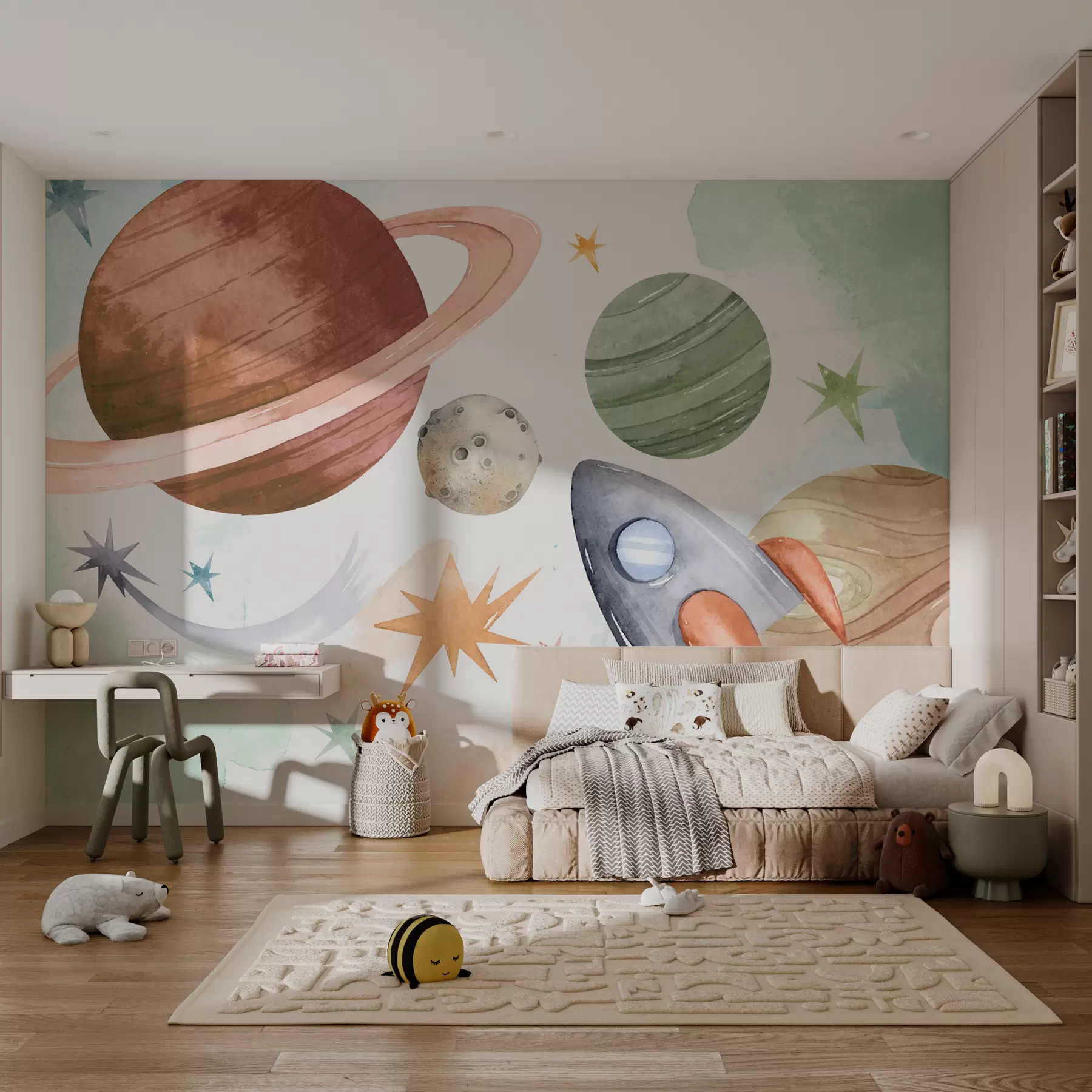murales de pared Una colorida ilustración que representa varios planetas y acuarela espacial w00539