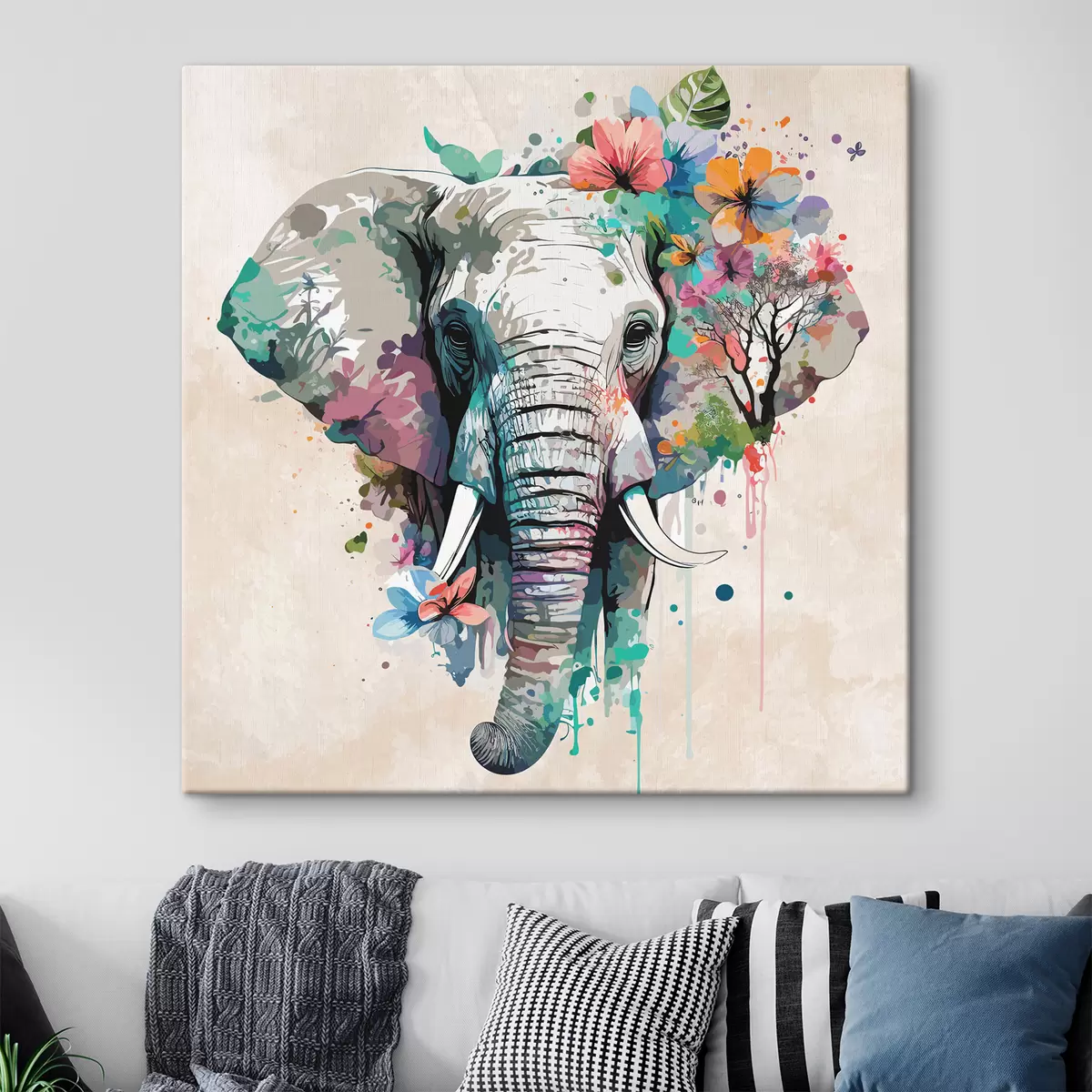 murales de pared elefante en flores, manchas de pintura s38333