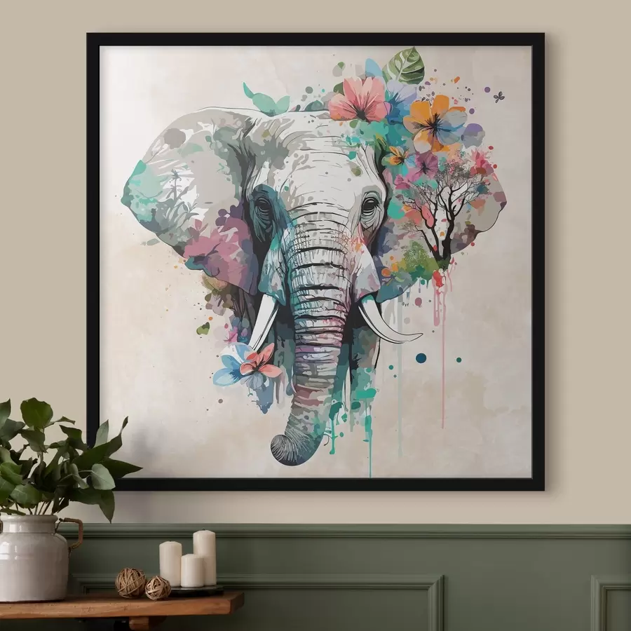 murales de pared elefante en flores, manchas de pintura f38333
