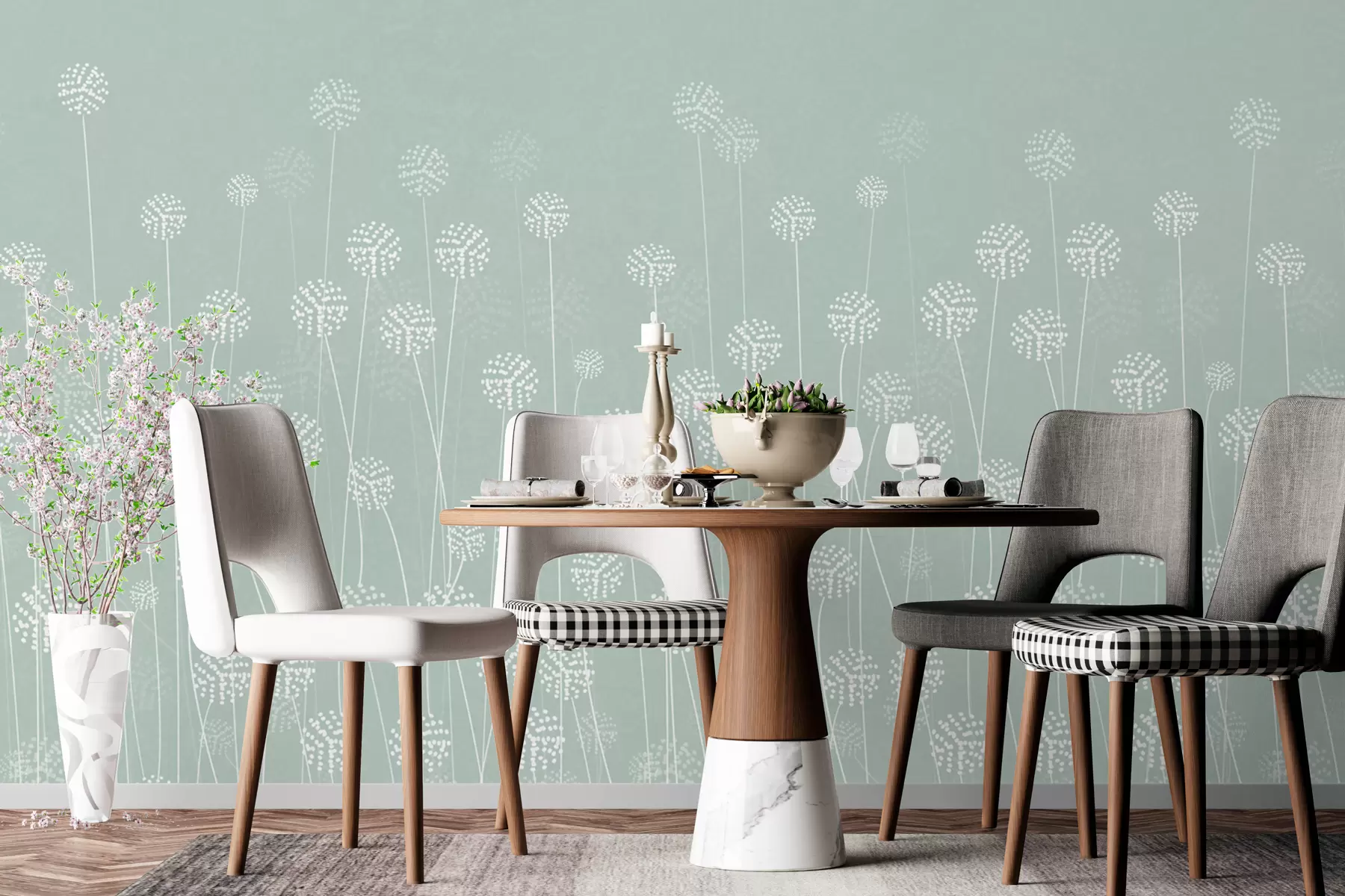 murales de pared Campo de diente de león de color verde w00613v3