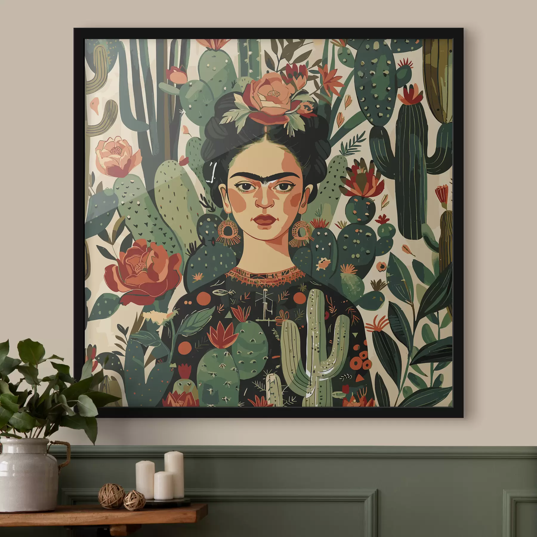 murales de pared Frida estilo verde en cactus f38415