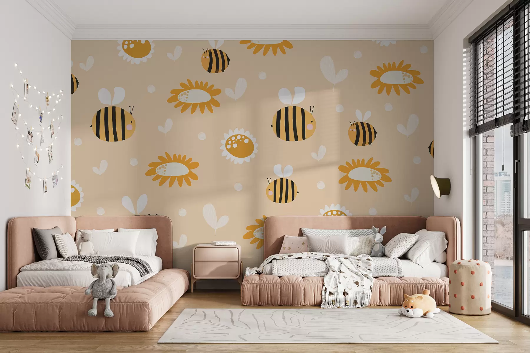 murales de pared Una abeja vuela alrededor de flores, de color amarillo, blanco, formas infantiles y simples. w00622