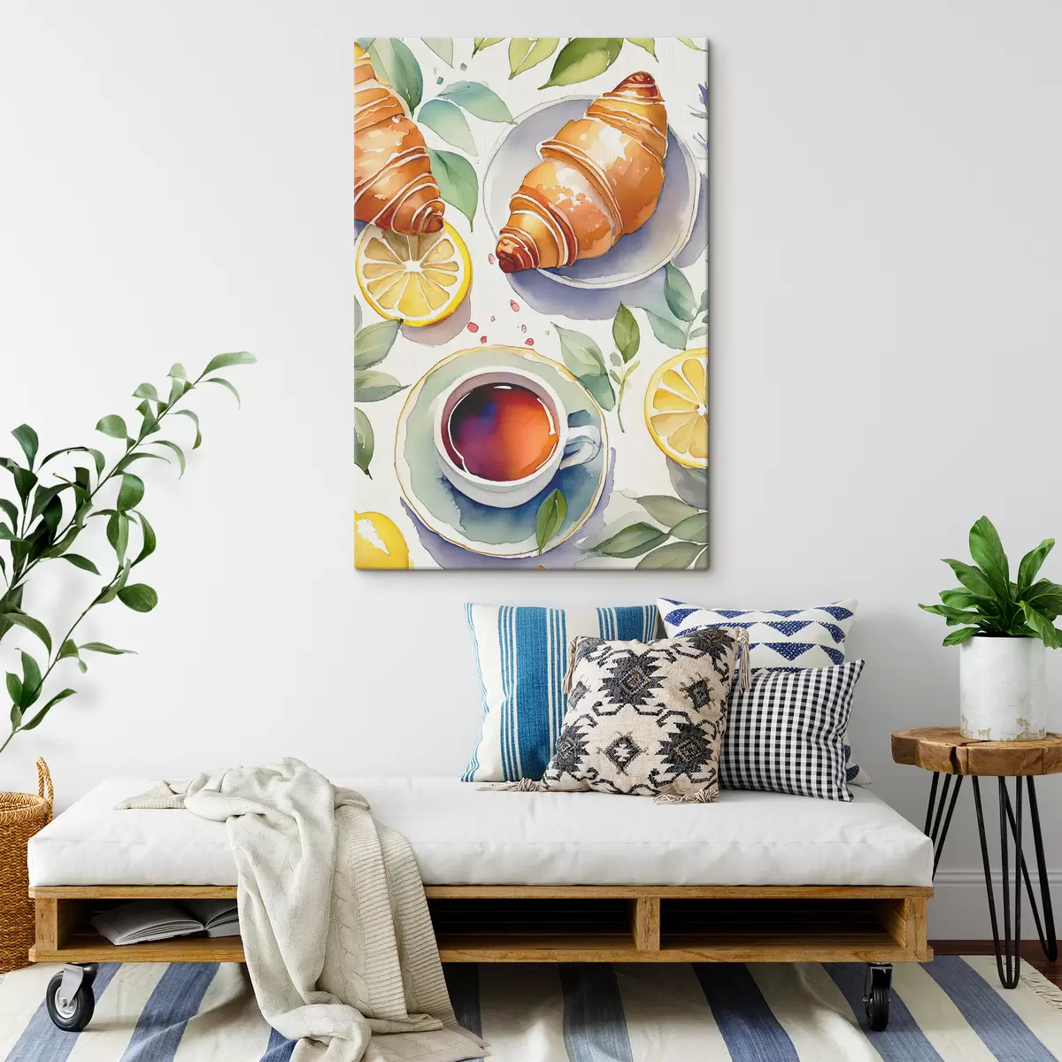 murales de pared Acuarela de croissant, taza de té, desayuno, limones, estilo rústico s38389