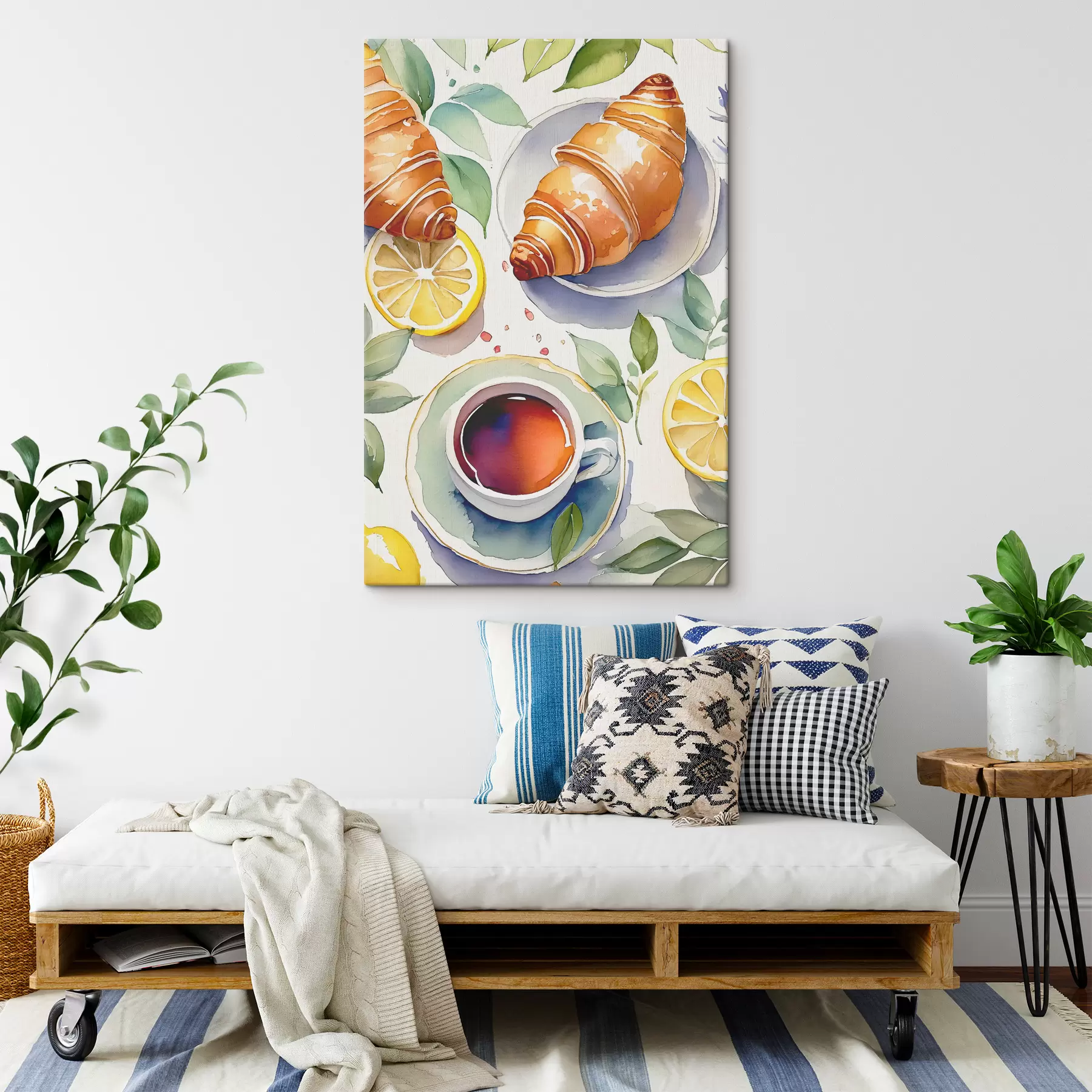 murales de pared Acuarela de croissant, taza de té, desayuno, limones, estilo rústico s38389