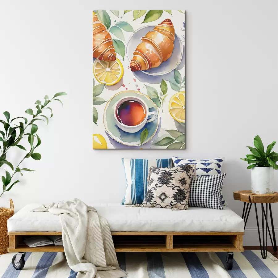 murales de pared Acuarela de croissant, taza de té, desayuno, limones, estilo rústico s38389