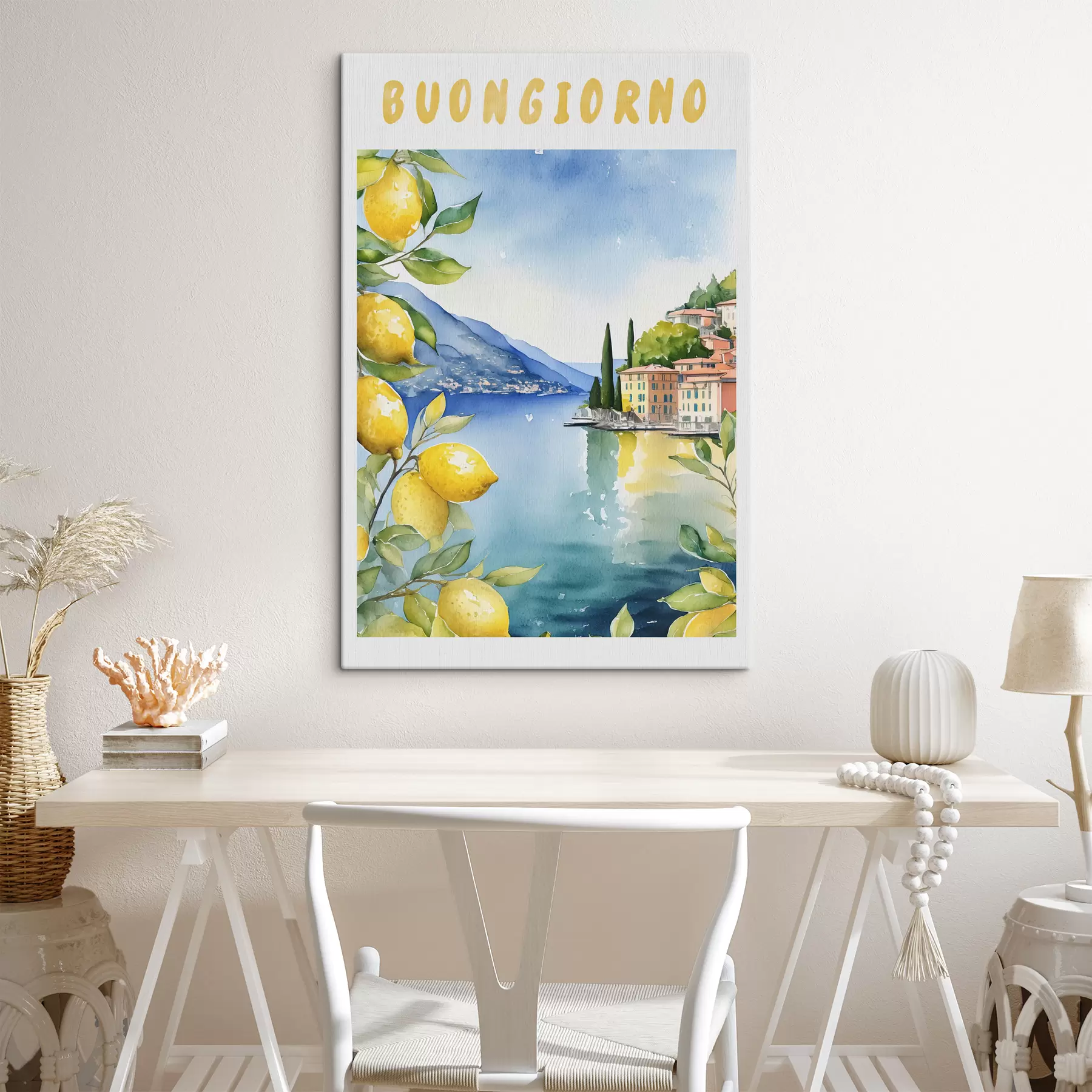 murales de pared Lago italiano, verano, acuarela, paisaje natural, limones, arquitectura de la ciudad  s38394