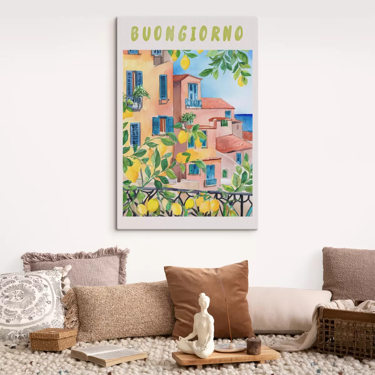 murales de pared Arquitectura de la ciudad italiana, costa del mar, verano, acuarela, limonero s38395