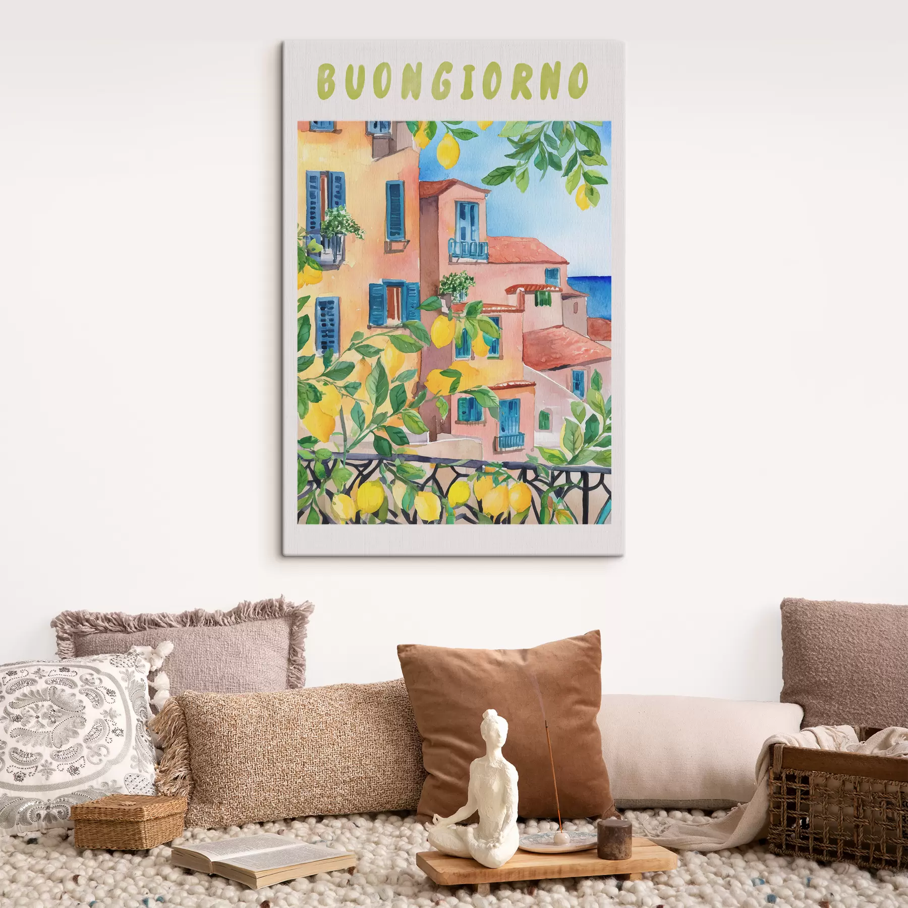murales de pared Arquitectura de la ciudad italiana, costa del mar, verano, acuarela, limonero s38395