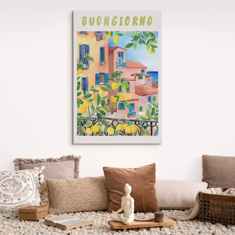 murales de pared Arquitectura de la ciudad italiana, costa del mar, verano, acuarela, limonero s38395